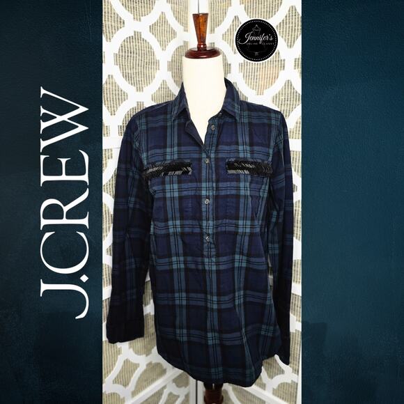 J. Crew Tops - J. Crew Women's Navy/Green/Black Plaid Chevron Beaded Popover Tunic Top Size 10